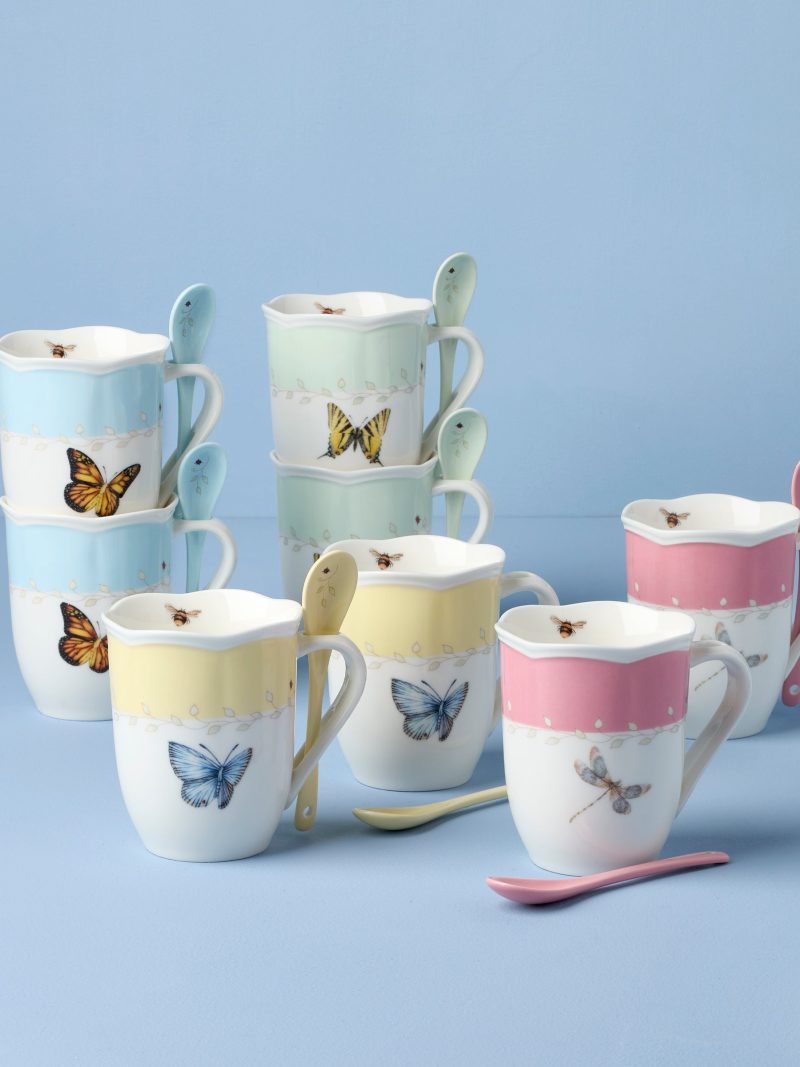 Butterfly Meadow Color Mugs With Spoons - Set of 8